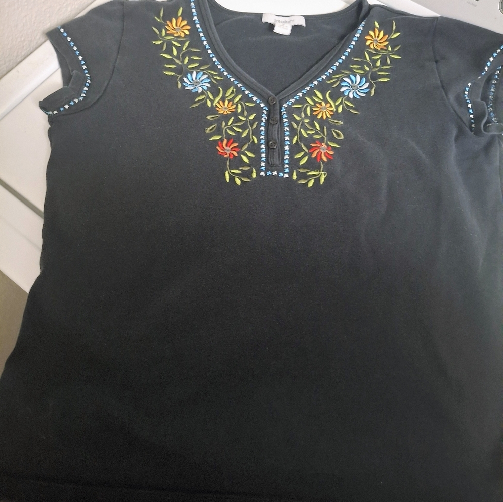 Dress Barn Black Top with Colorful Floral Embroidery